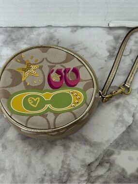 Coach Beige Signature Round Wristlet with Green, Pink & Gold Appliqués